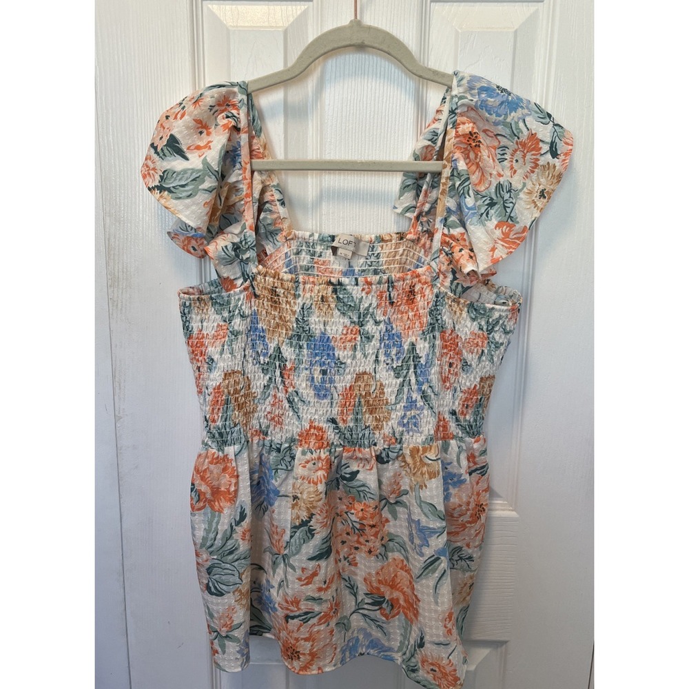 LOFT Medium Garden Smocked Peplum Shell Top Tank Ruffle Straps Floral